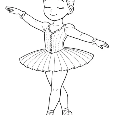 Desenho de contorno de uma bailarina jovem de olhos fechados, usando uma tiara real, colar de pérolas no corpete, mangas longas e tutu de pregas.