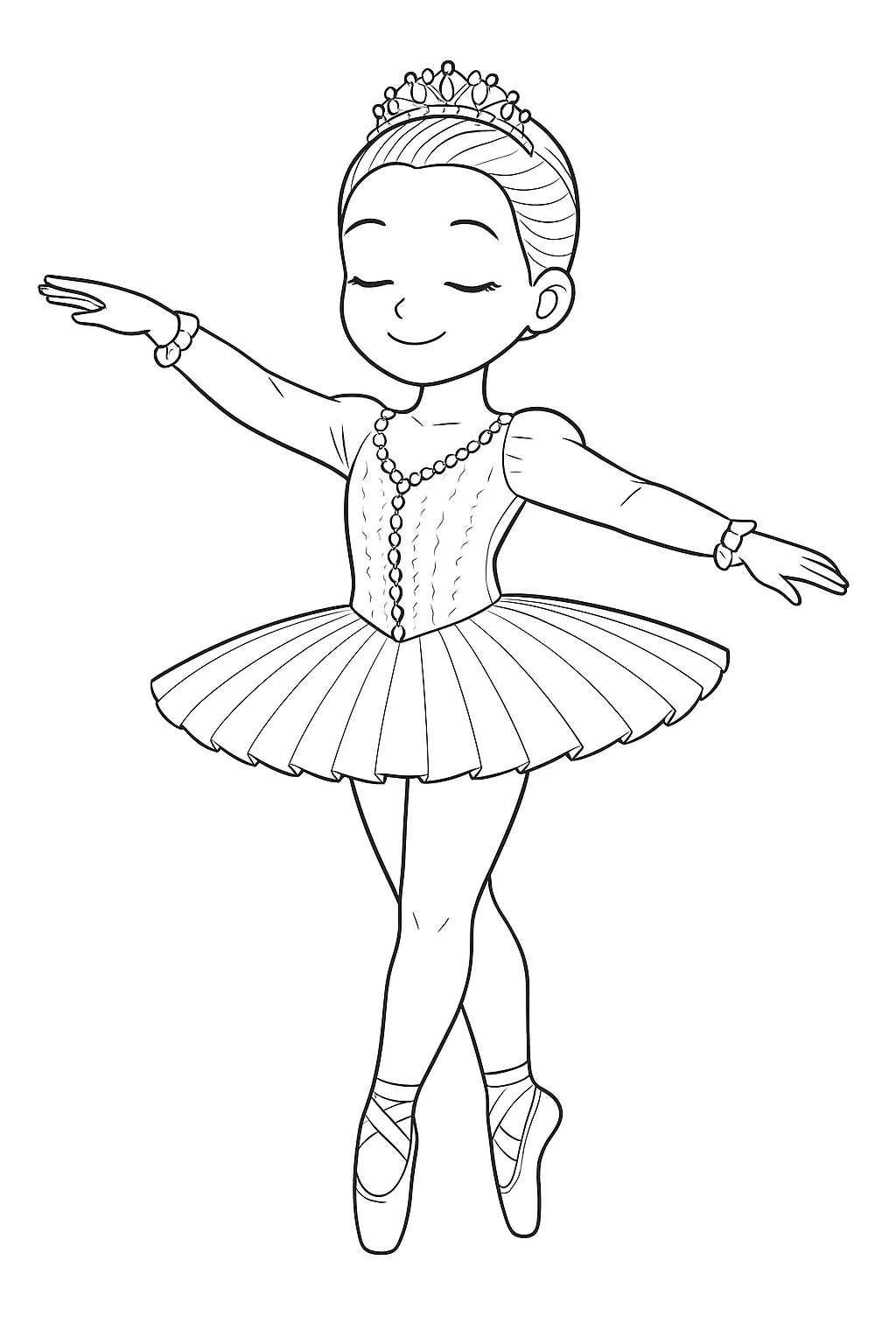 Desenho de contorno de uma bailarina jovem de olhos fechados, usando uma tiara real, colar de pérolas no corpete, mangas longas e tutu de pregas.