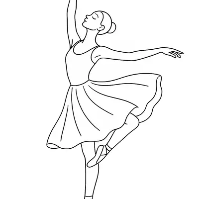 Desenho de contorno preto e branco de uma bailarina equilibrada em um pé só na ponta, com a outra perna flexionada atrás, braços em pose graciosa e saia ondulada.