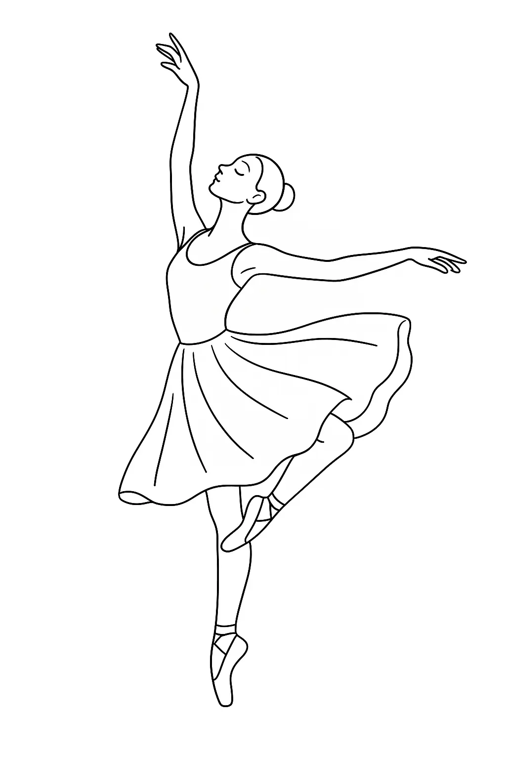 Desenho de contorno preto e branco de uma bailarina equilibrada em um pé só na ponta, com a outra perna flexionada atrás, braços em pose graciosa e saia ondulada.