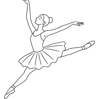 Desenho de contorno preto e branco de uma bailarina saltando lateralmente com pernas esticadas, braços abertos e usando um tutu clássico.
