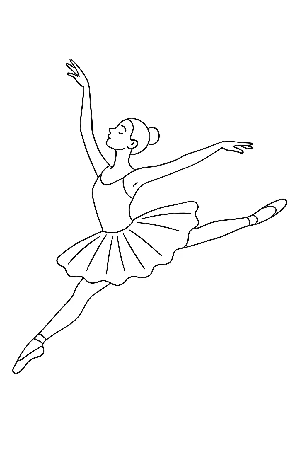 Desenho de contorno preto e branco de uma bailarina saltando lateralmente com pernas esticadas, braços abertos e usando um tutu clássico.