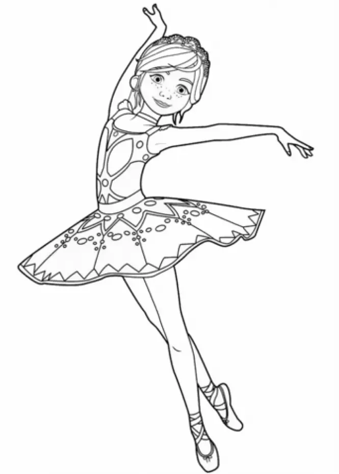 Desenho de contorno de uma bailarina de perfil lateral, com sardas no rosto, usando uma tiara de flores e um tutu com estampas de círculos e triângulos.