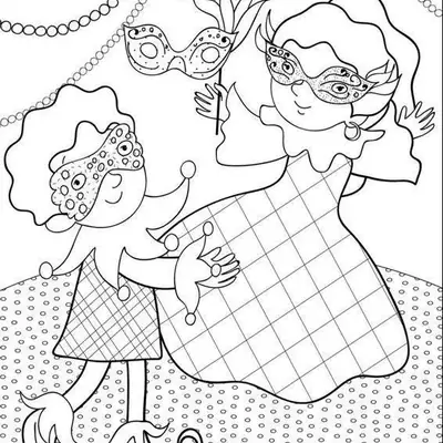 Desenho de contorno de um menino vestido de Arlequim e uma menina com vestido longo e máscara, em um cenário de festa com colares decorativos.