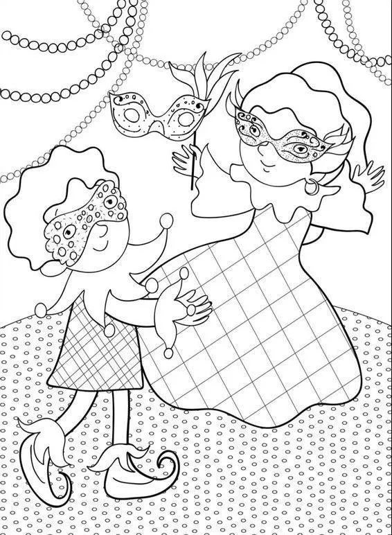Desenho de contorno de um menino vestido de Arlequim e uma menina com vestido longo e máscara, em um cenário de festa com colares decorativos.