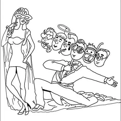 Desenho de contorno de uma mulher com máscara simples e um homem segurando um suporte com várias máscaras diferentes, incluindo anjo, mergulhador e cifrão.