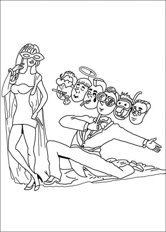 Desenho de contorno de uma mulher com máscara simples e um homem segurando um suporte com várias máscaras diferentes, incluindo anjo, mergulhador e cifrão.