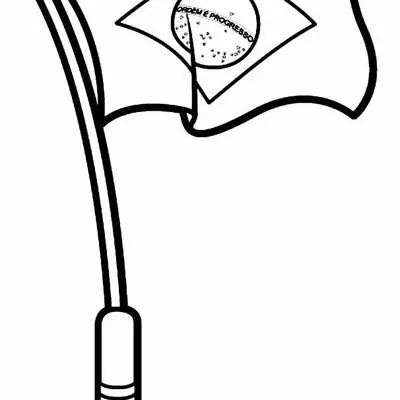 Desenho de contorno da bandeira do Brasil hasteada em um mastro alto, com efeito de movimento no tecido para colorir.