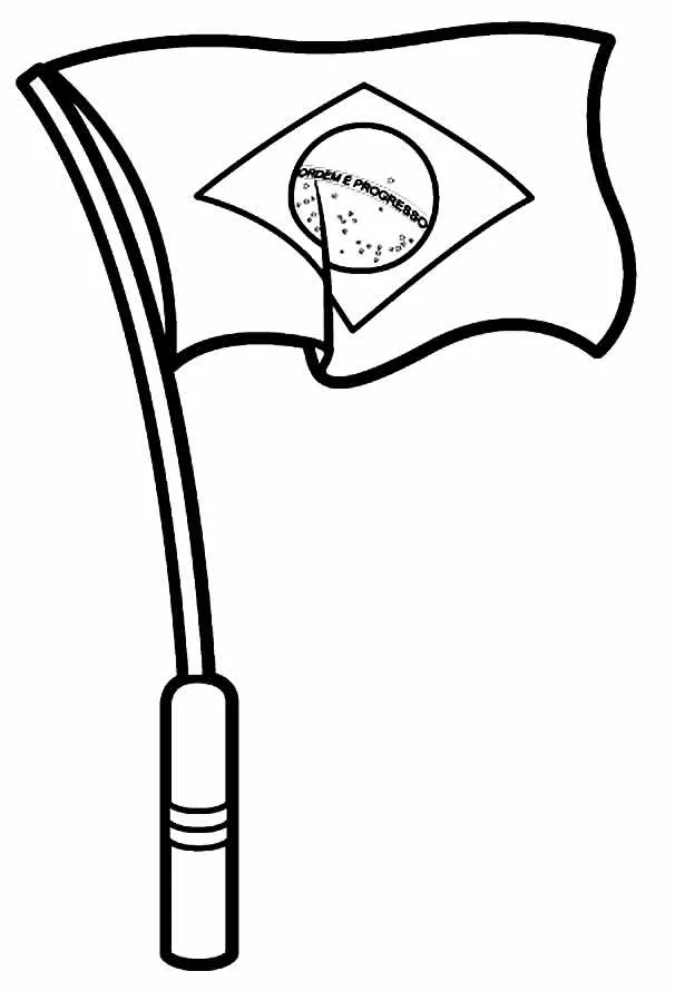 Desenho de contorno da bandeira do Brasil hasteada em um mastro alto, com efeito de movimento no tecido para colorir.