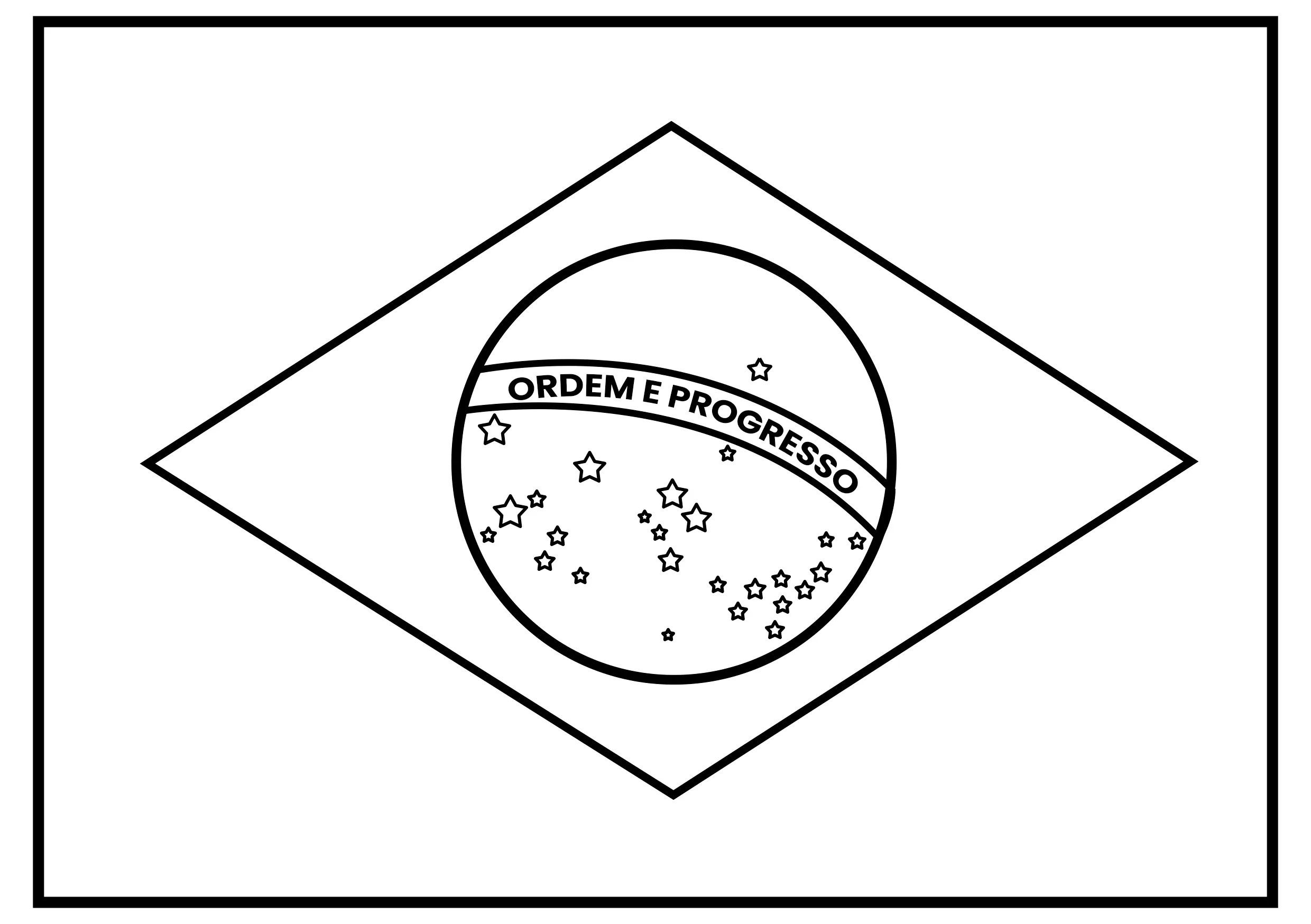 Desenho de contorno da bandeira do Brasil em formato retangular oficial com losango, esfera central e a frase Ordem e Progresso.