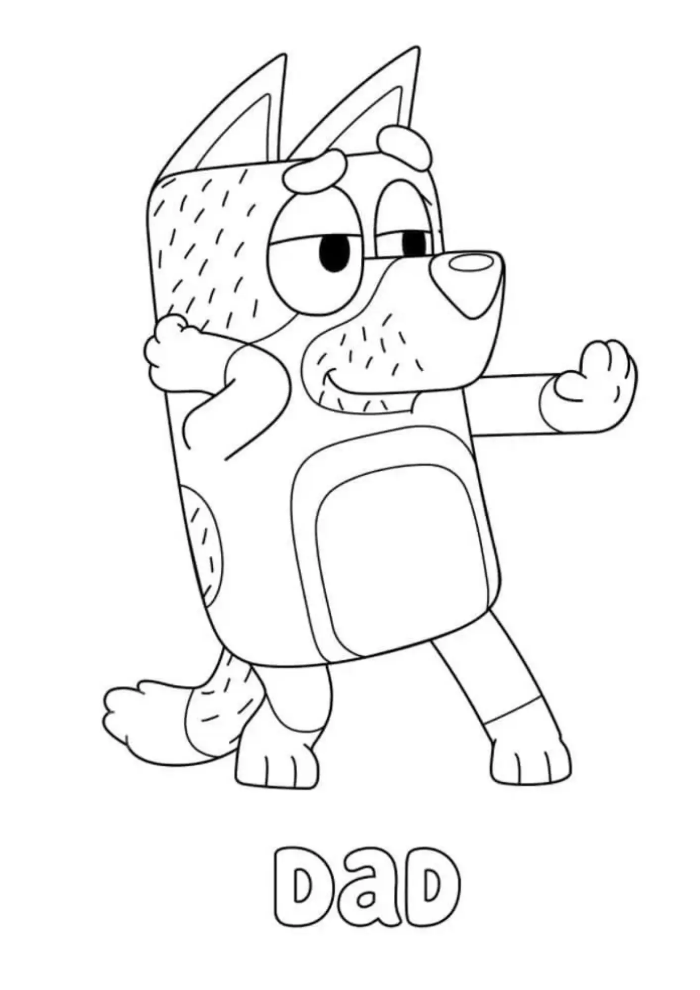 Desenho de contorno do Bandit Heeler em uma pose de dança ou brincadeira, com a palavra "DAD" escrita logo abaixo.