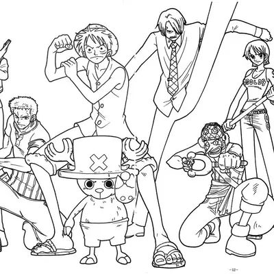 Desenho de contorno em preto e branco dos Piratas do Chapéu de Palha reunidos, com Luffy ao centro, Chopper à frente e os demais membros ao redor.