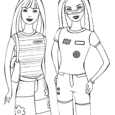 Desenho de contorno da Barbie com camiseta listrada e bolsa ao lado de sua amiga que usa óculos de sol na cabeça e calça com bolsos.