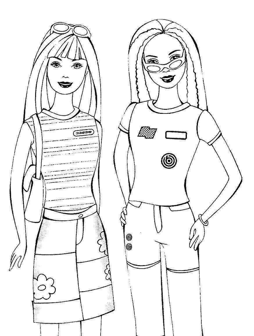 Desenho de contorno da Barbie com camiseta listrada e bolsa ao lado de sua amiga que usa óculos de sol na cabeça e calça com bolsos.