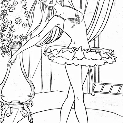 Desenho de contorno da Barbie bailarina dançando no palco, usando collant decorado, tutu volumoso e sapatilhas, com um vaso de flores ao lado.