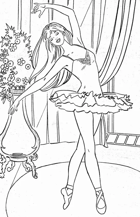 Desenho de contorno da Barbie bailarina dançando no palco, usando collant decorado, tutu volumoso e sapatilhas, com um vaso de flores ao lado.