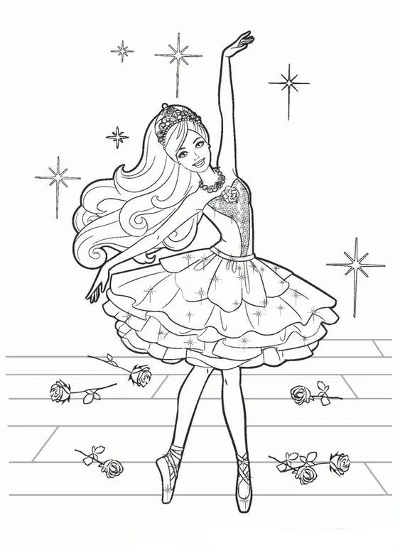 Desenho de contorno da Barbie bailarina em pose de dança no palco, cercada por rosas caídas e estrelas brilhantes ao fundo.
