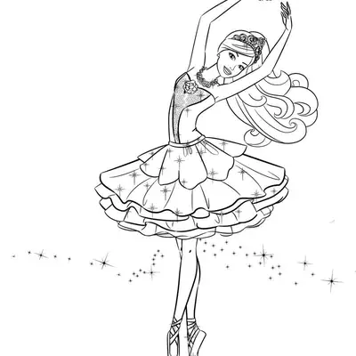 Desenho de contorno da Barbie bailarina na ponta dos pés, com braços elevados, usando um tutu decorado com estrelas e uma coroa.