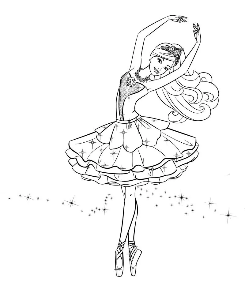 Desenho de contorno da Barbie bailarina na ponta dos pés, com braços elevados, usando um tutu decorado com estrelas e uma coroa.