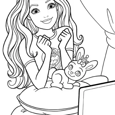 Desenho de contorno da Barbie sorrindo em frente a um notebook, com as mãos no queixo, apoiada em uma almofada com um coelhinho ao lado.