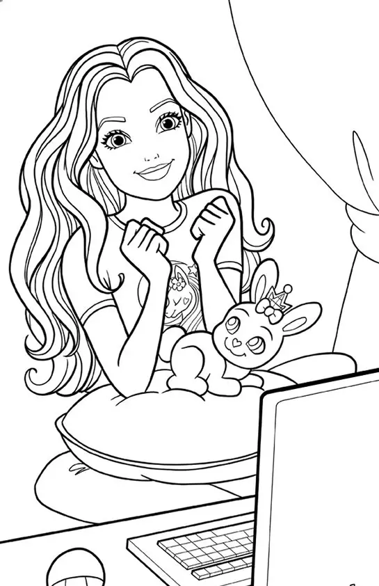 Desenho de contorno da Barbie sorrindo em frente a um notebook, com as mãos no queixo, apoiada em uma almofada com um coelhinho ao lado.