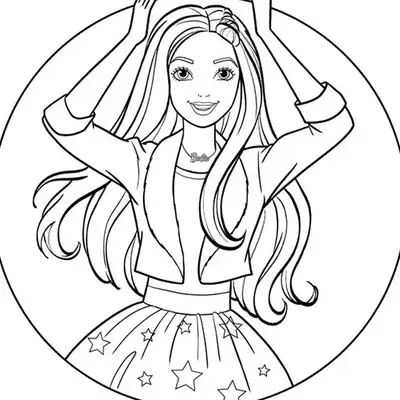 Desenho de contorno da Barbie dentro de um círculo, segurando uma coroa sobre a cabeça, usando jaqueta curta e saia com estampa de estrelas.