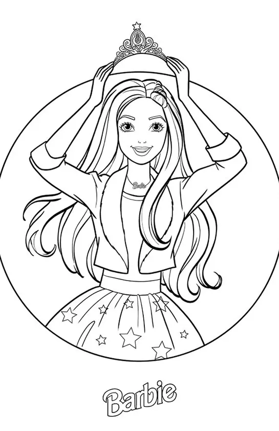Desenho de contorno da Barbie dentro de um círculo, segurando uma coroa sobre a cabeça, usando jaqueta curta e saia com estampa de estrelas.