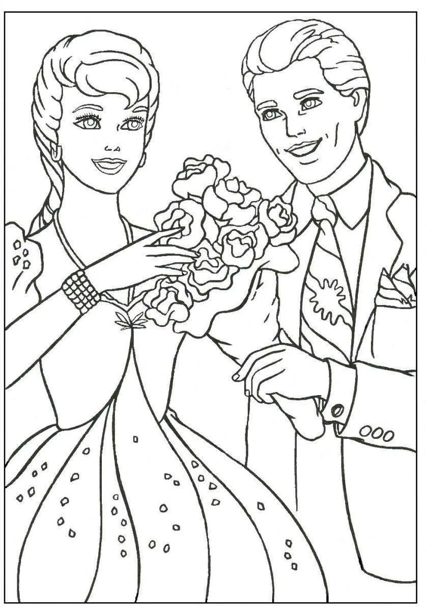 Desenho de contorno da Barbie recebendo um buquê de flores do Ken; Barbie usa vestido com brilhantes e Ken veste terno com gravata.