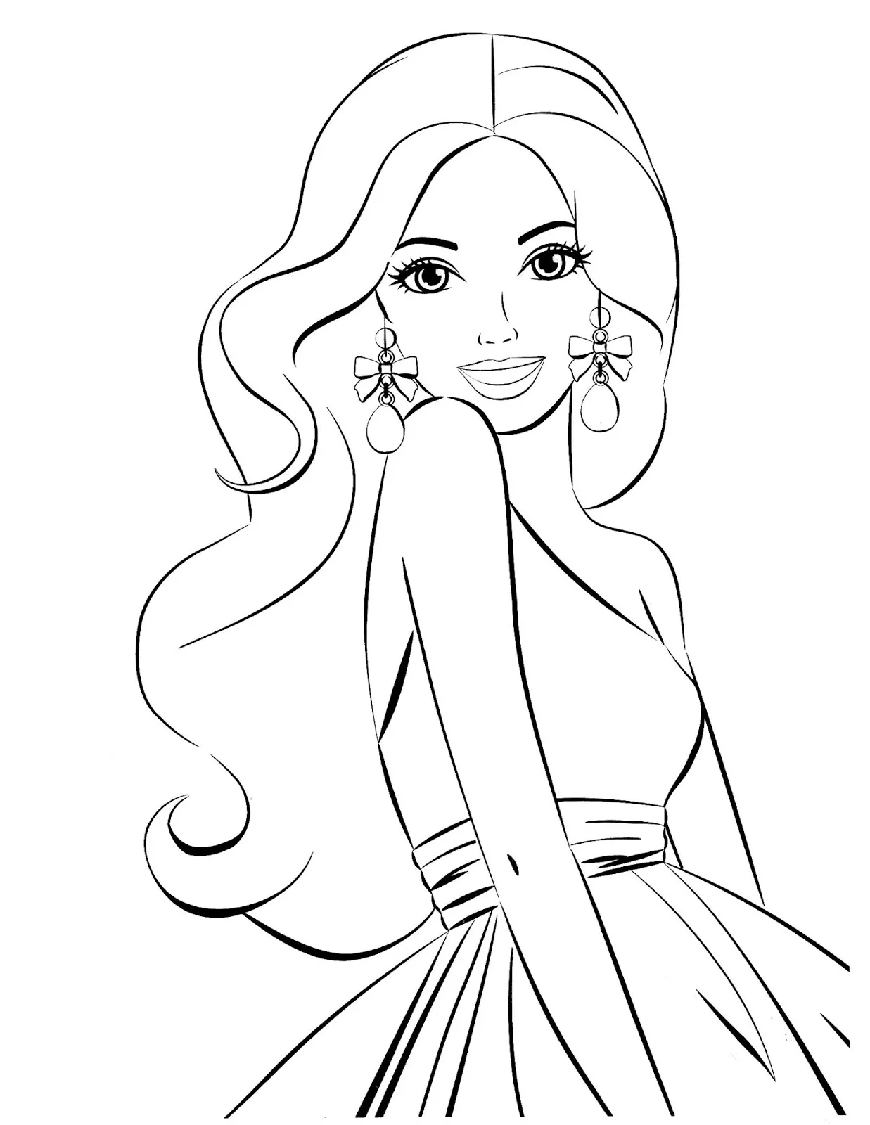 Desenho de contorno da Barbie de perfil, com cabelos longos ondulados, usando brincos grandes de laço e vestido de gala.