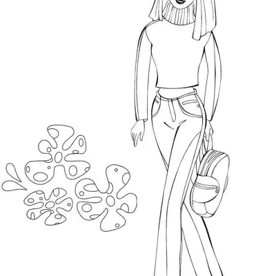 Desenho de contorno da Barbie caminhando, usando blusa de gola alta, calça comprida estilo flare e segurando uma bolsa, com flores ao lado.