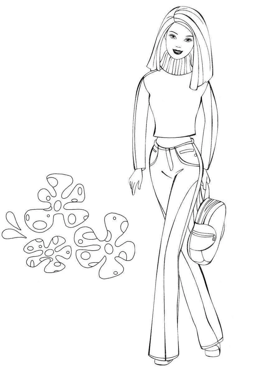 Desenho de contorno da Barbie caminhando, usando blusa de gola alta, calça comprida estilo flare e segurando uma bolsa, com flores ao lado.