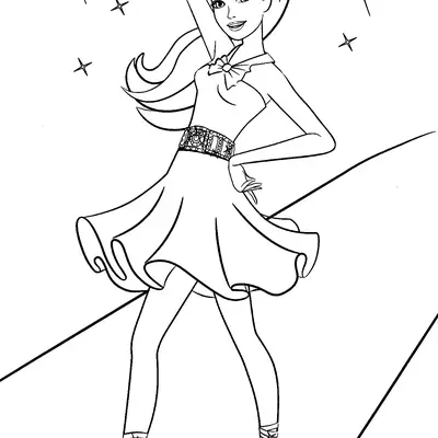 Desenho de contorno da Barbie popstar no palco com um braço levantado, usando vestido curto, cinto largo decorado e sapatos de salto com amarrações.