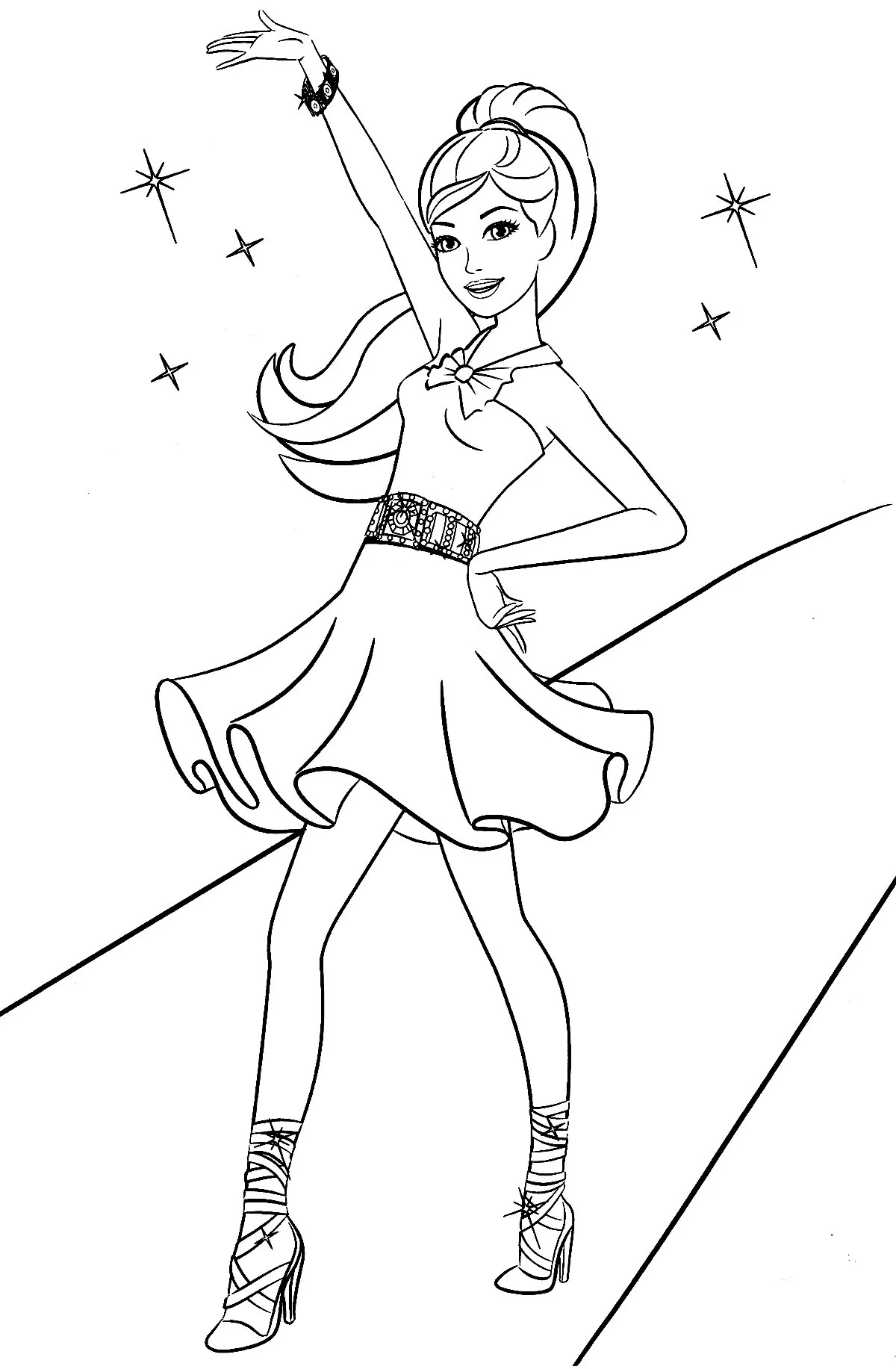 Desenho de contorno da Barbie popstar no palco com um braço levantado, usando vestido curto, cinto largo decorado e sapatos de salto com amarrações.