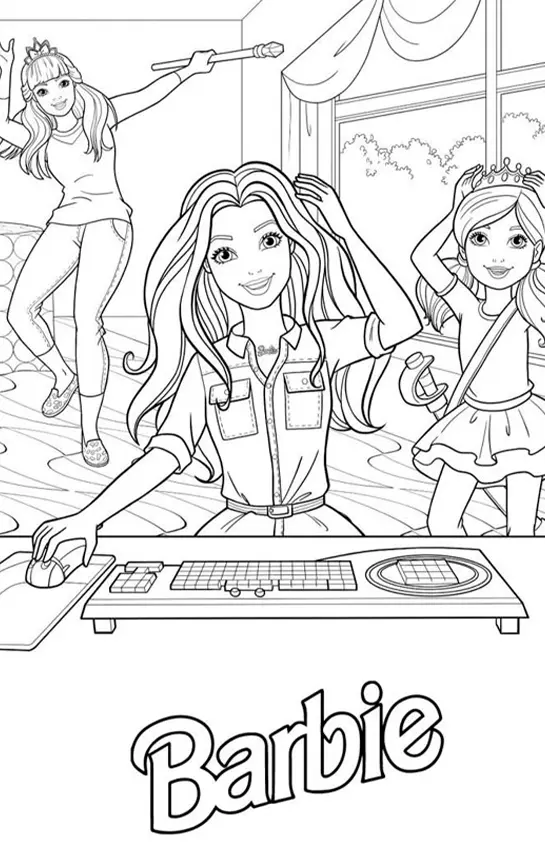 Desenho de contorno da Barbie usando computador com mouse e teclado, enquanto duas amigas brincam fantasiadas ao fundo.