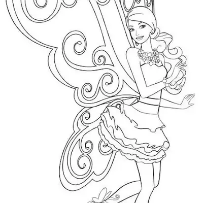 Desenho de contorno da Barbie fada em pé, com asas de borboleta enormes e detalhadas, usando um vestido curto de babados e sandálias com asas nos pés.