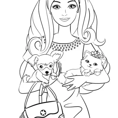 Desenho de contorno da Barbie segurando um cachorrinho chihuahua em um braço e uma gata com tiara no outro, com uma bolsa pendurada no braço.