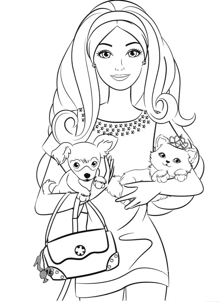 Desenho de contorno da Barbie segurando um cachorrinho chihuahua em um braço e uma gata com tiara no outro, com uma bolsa pendurada no braço.