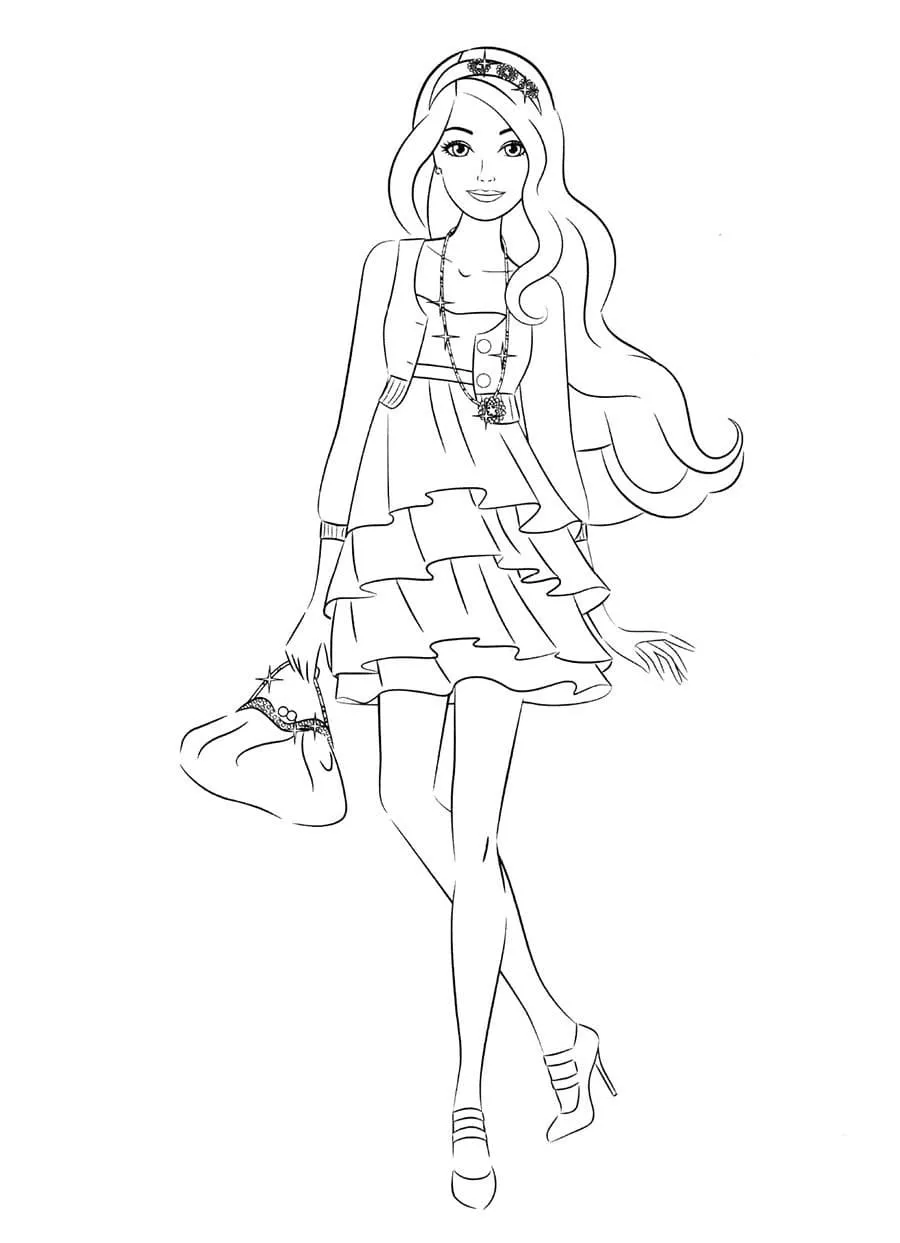 Desenho de corpo inteiro da Barbie usando um vestido curto de babados, um bolero por cima, segurando uma bolsa e usando sapatos de salto alto.
