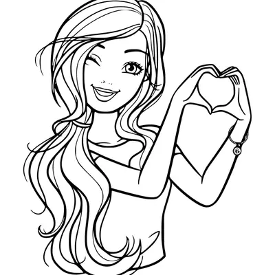 Desenho de contorno da Barbie piscando um olho e juntando as mãos para formar o símbolo de um coração, com cabelos longos jogados para o lado.