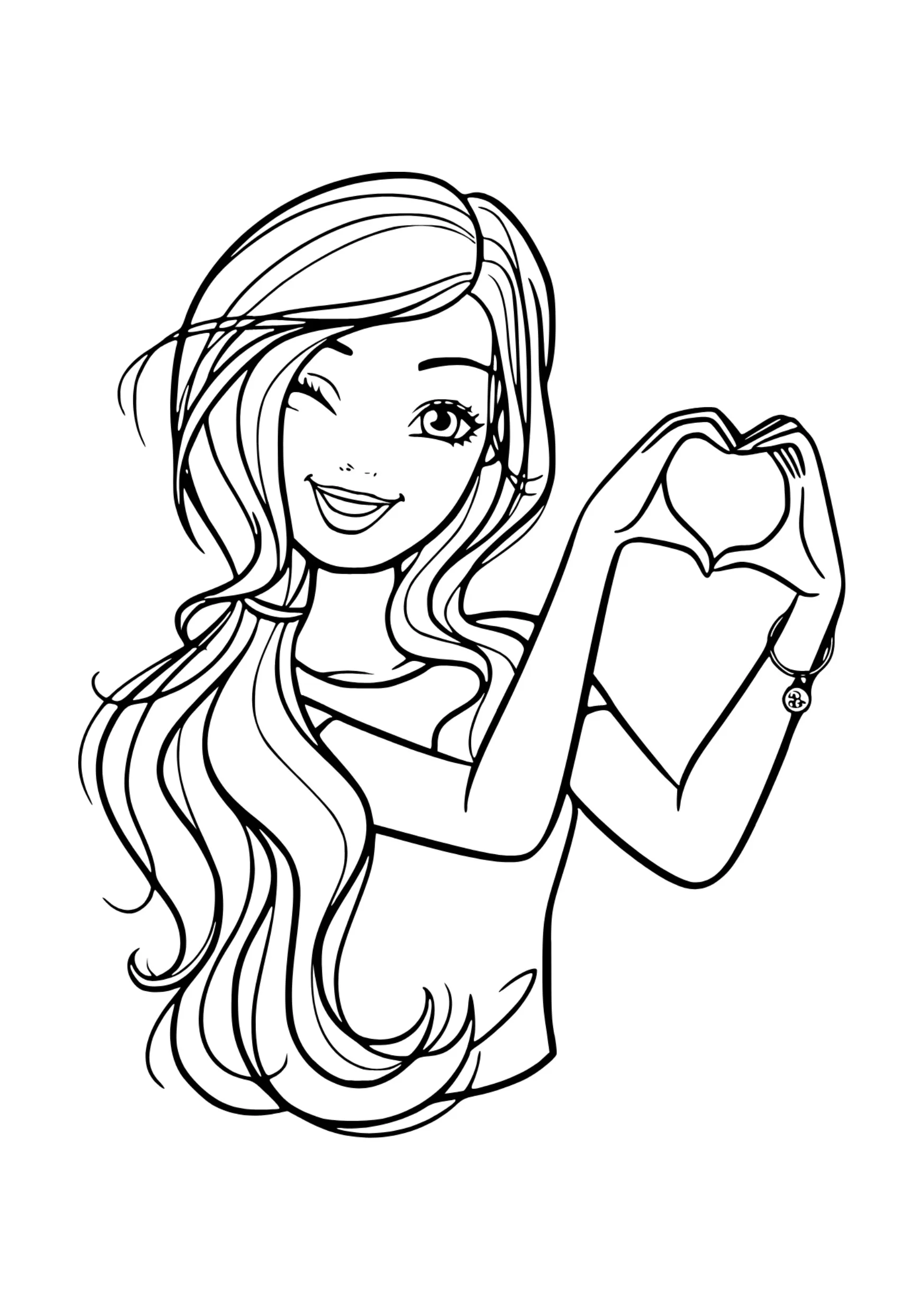 Desenho de contorno da Barbie piscando um olho e juntando as mãos para formar o símbolo de um coração, com cabelos longos jogados para o lado.