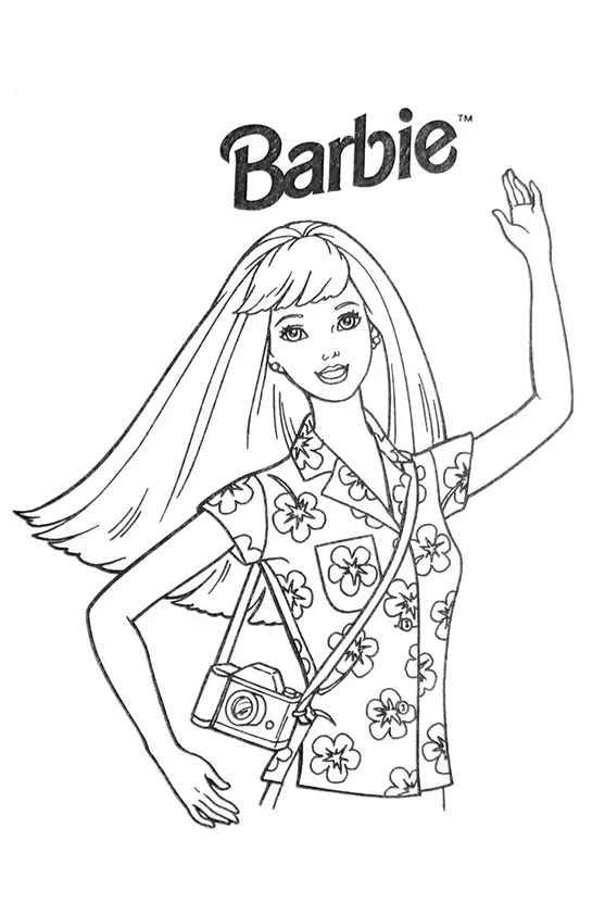 Desenho de contorno da Barbie sorrindo e acenando, usando uma camisa de manga curta com estampa de flores e uma câmera pendurada no ombro.