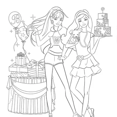 Desenho de contorno da Barbie segurando um bolo de aniversário ao lado de uma amiga, com mesa de presentes, balões e um pequeno cachorro.