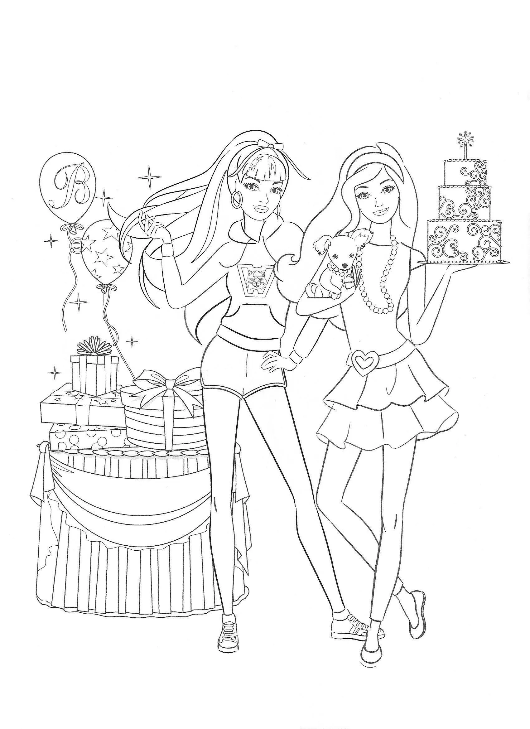 Desenho de contorno da Barbie segurando um bolo de aniversário ao lado de uma amiga, com mesa de presentes, balões e um pequeno cachorro.