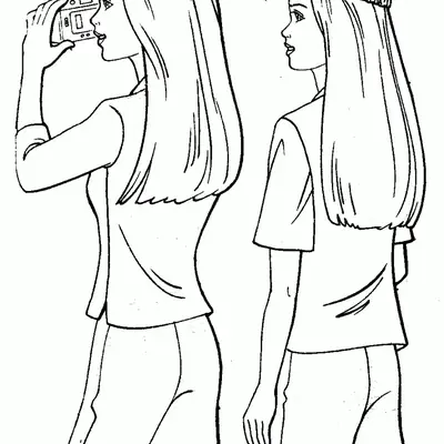 Desenho de contorno da Barbie de perfil tirando uma foto com uma câmera, ao lado de sua amiga que usa um boné e camiseta de manga curta.