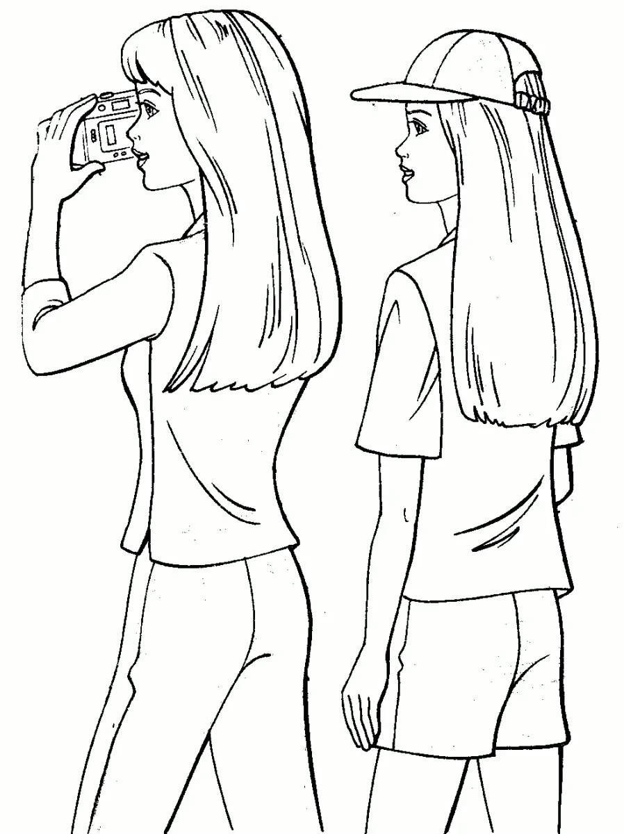Desenho de contorno da Barbie de perfil tirando uma foto com uma câmera, ao lado de sua amiga que usa um boné e camiseta de manga curta.