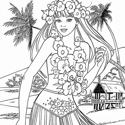 Barbie Dançando Hula na Praia Tropical para Colorir
