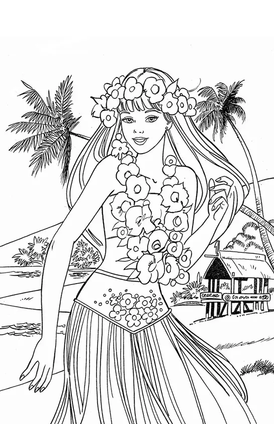 Desenho de contorno da Barbie vestida de havaiana com colar e coroa de flores, em uma praia com coqueiros e uma pequena cabana ao fundo.