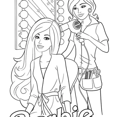Desenho de contorno da Barbie sentada sendo atendida por uma cabeleireira que usa um secador, com um espelho de luzes ao fundo e o logo Barbie.