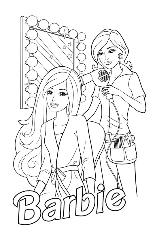 Desenho de contorno da Barbie sentada sendo atendida por uma cabeleireira que usa um secador, com um espelho de luzes ao fundo e o logo Barbie.