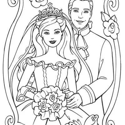 Desenho de contorno da Barbie vestida de noiva com tiara e buquê de flores, ao lado do Ken noivo, dentro de uma moldura decorada com rosas.